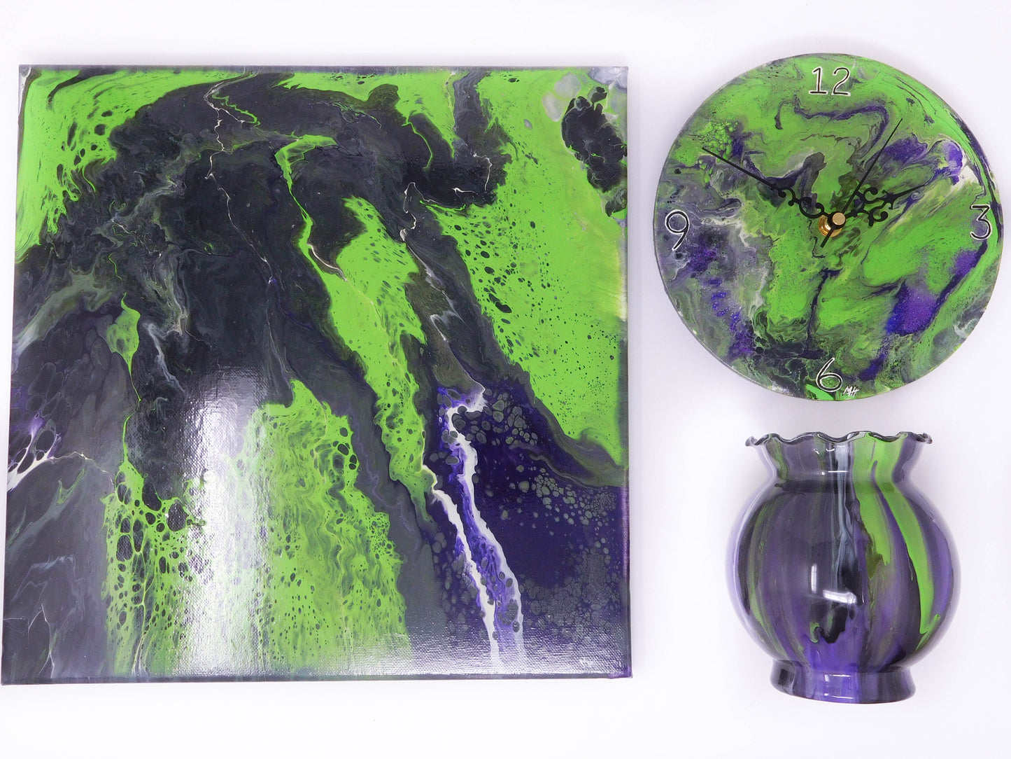 Acrylic Pour Clock, Vase and Canvas