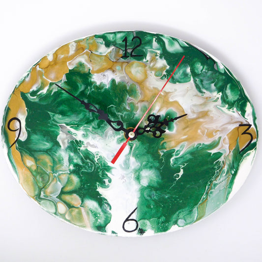 Beautiful Acrylic Pour Clock in green, white, gold and gray