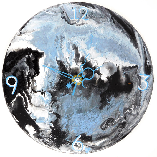 Acrylic Pour Clock in Light Blue, Black and White