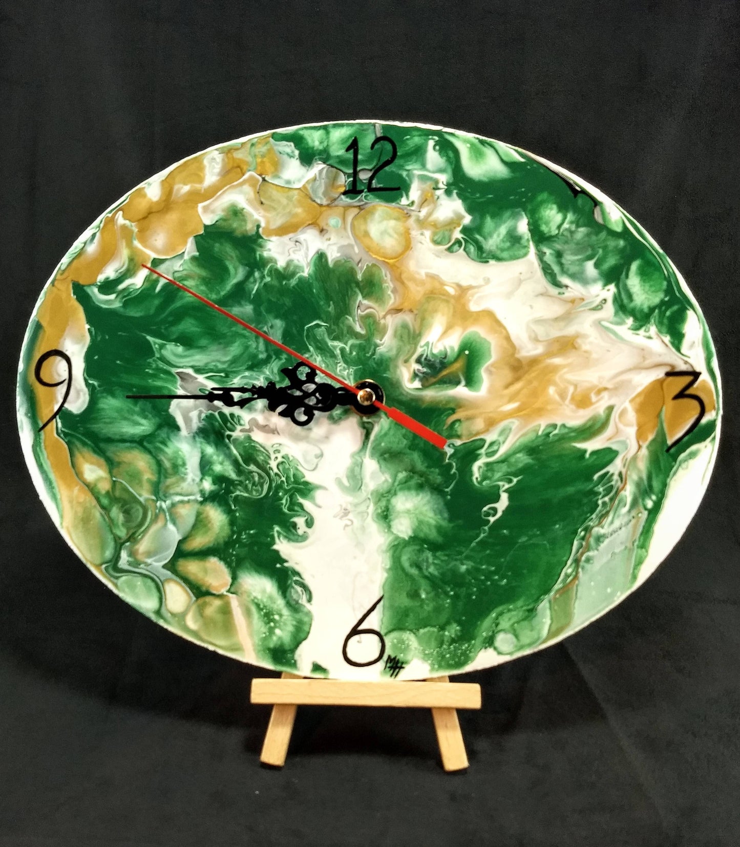 Beautiful Acrylic Pour Clock in green, white, gold and gray